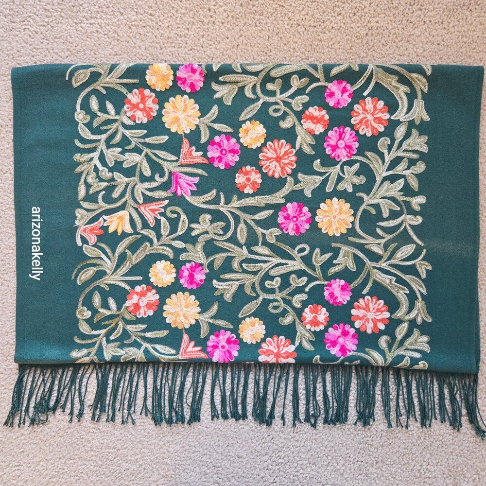Green "Cashmere" Scarf with Chain Stitch Embroidery Flowers and Leaves - Picture 14 of 16